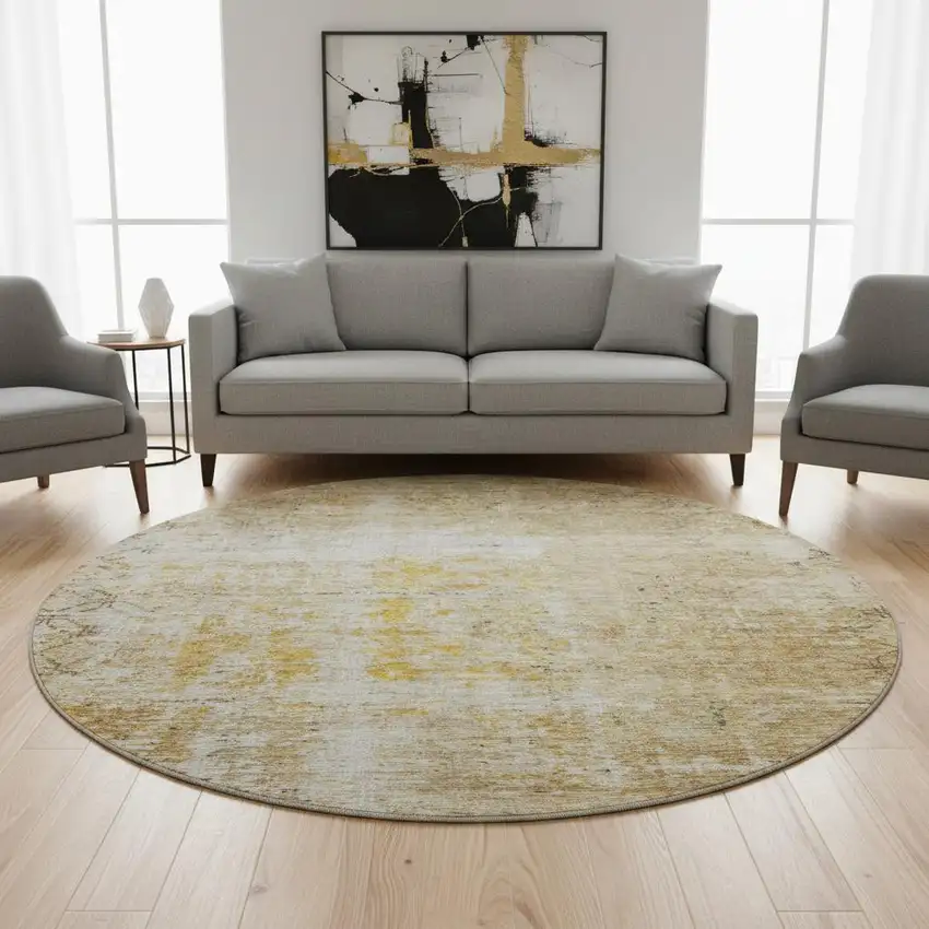 8' Gold Ivory And Beige Geometric Washable Round Rug With UV Protection Photo 2