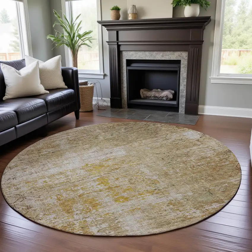 8' Gold Ivory And Beige Geometric Washable Round Rug With UV Protection Photo 4