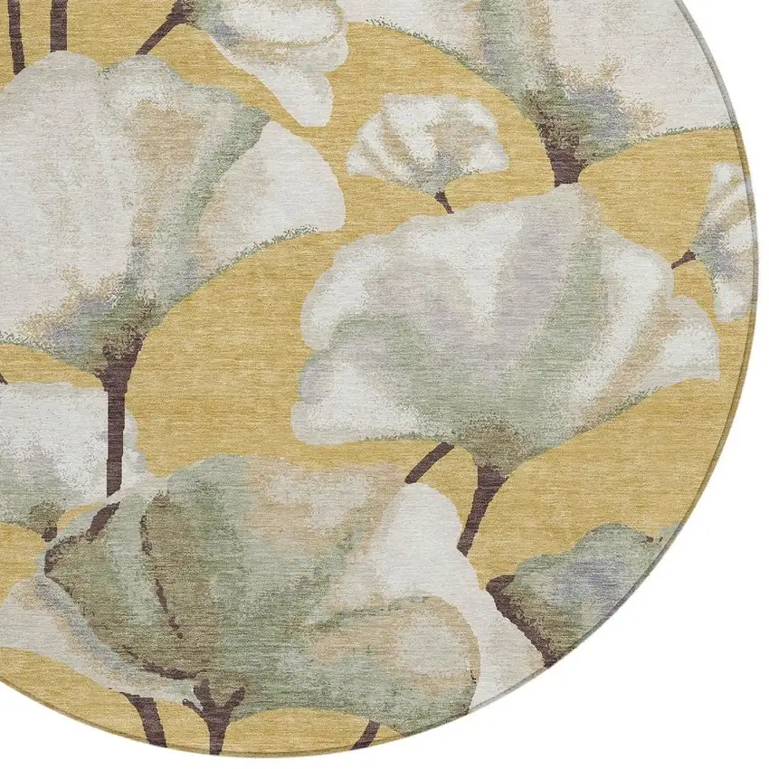 8' Gold Ivory And Beige Round Botanical Leaves Washable Indoor Outdoor Area Rug Photo 2