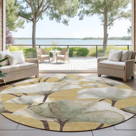 8' Gold Ivory And Beige Round Botanical Leaves Washable Indoor Outdoor Area Rug Photo 4