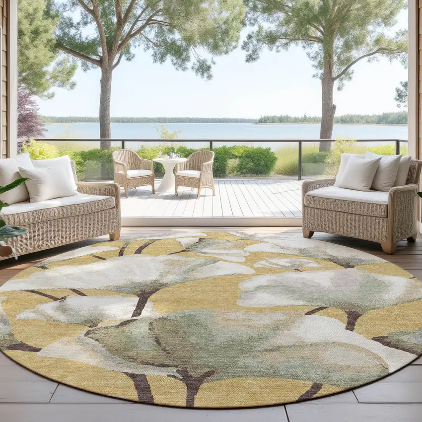 8' Gold Ivory And Beige Round Botanical Leaves Washable Indoor Outdoor Area Rug Photo 4