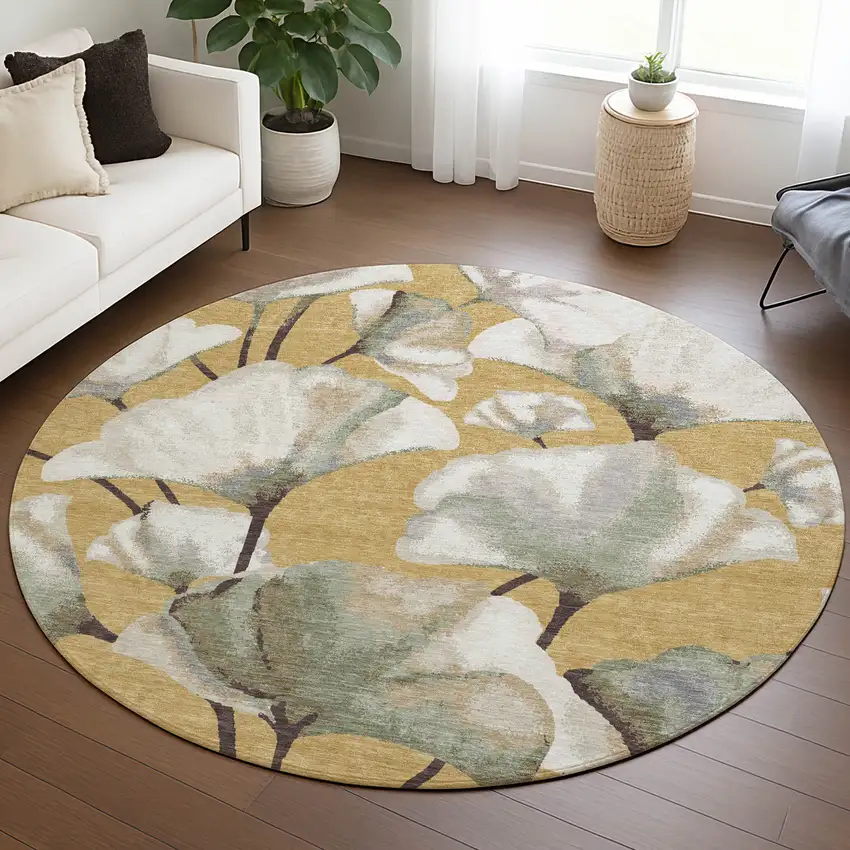 8' Gold Ivory And Beige Round Botanical Leaves Washable Indoor Outdoor Area Rug Photo 5