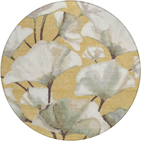 8' Gold Ivory And Beige Round Botanical Leaves Washable Indoor Outdoor Area Rug Photo 1