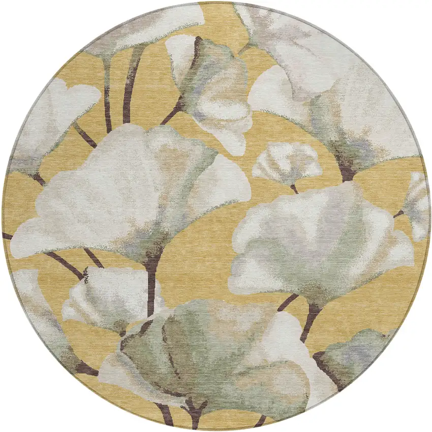 8' Gold Ivory And Beige Round Botanical Leaves Washable Indoor Outdoor Area Rug Photo 1