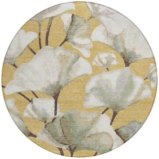 8' Gold Ivory And Beige Round Botanical Leaves Washable Indoor Outdoor Area Rug Photo 3