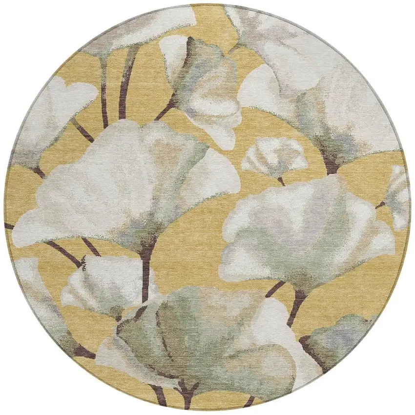 8' Gold Ivory And Beige Round Botanical Leaves Washable Indoor Outdoor Area Rug Photo 3