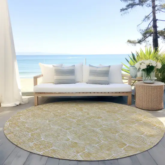 8' Gold Ivory And Beige Round Geometric Washable Indoor Outdoor Area Rug Photo 7