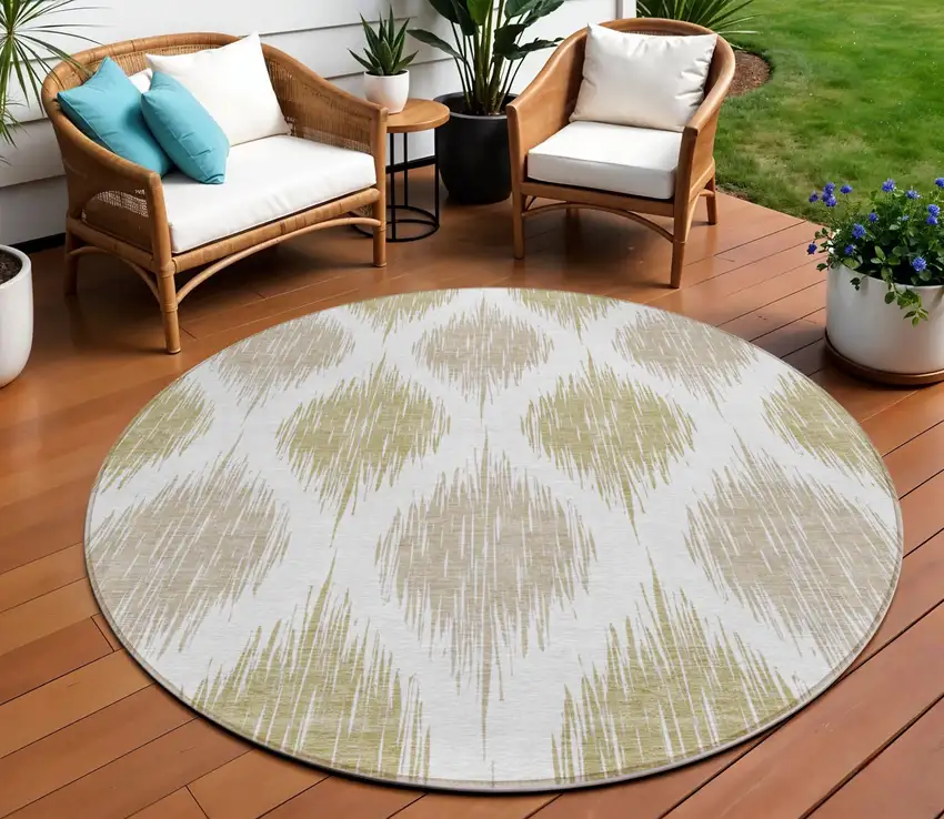 8' Gold Ivory And Beige Round Ikat Washable Indoor Outdoor Area Rug Photo 1