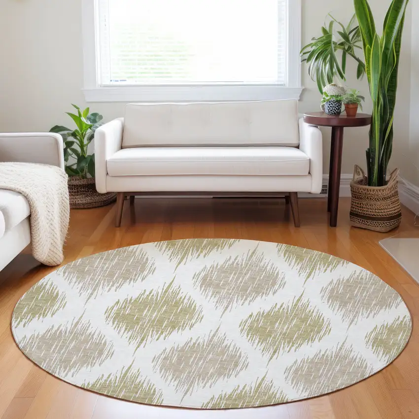 8' Gold Ivory And Beige Round Ikat Washable Indoor Outdoor Area Rug Photo 9