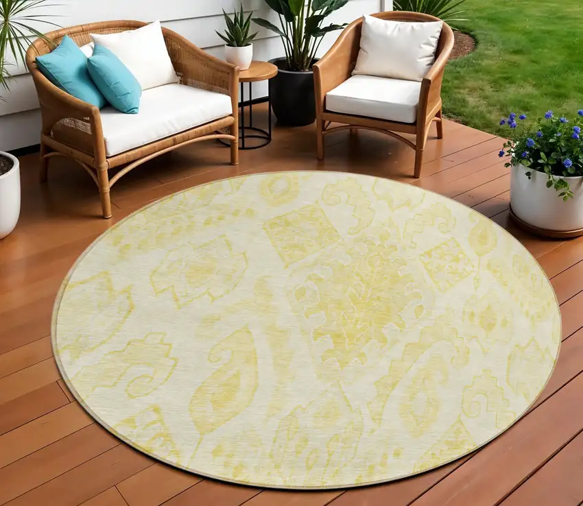 8' Gold Ivory And Beige Round Moroccan Washable Indoor Outdoor Area Rug Photo 1