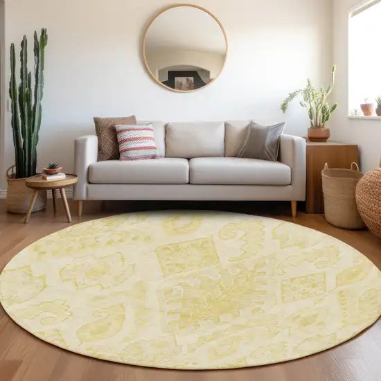 8' Gold Ivory And Beige Round Moroccan Washable Indoor Outdoor Area Rug Photo 7
