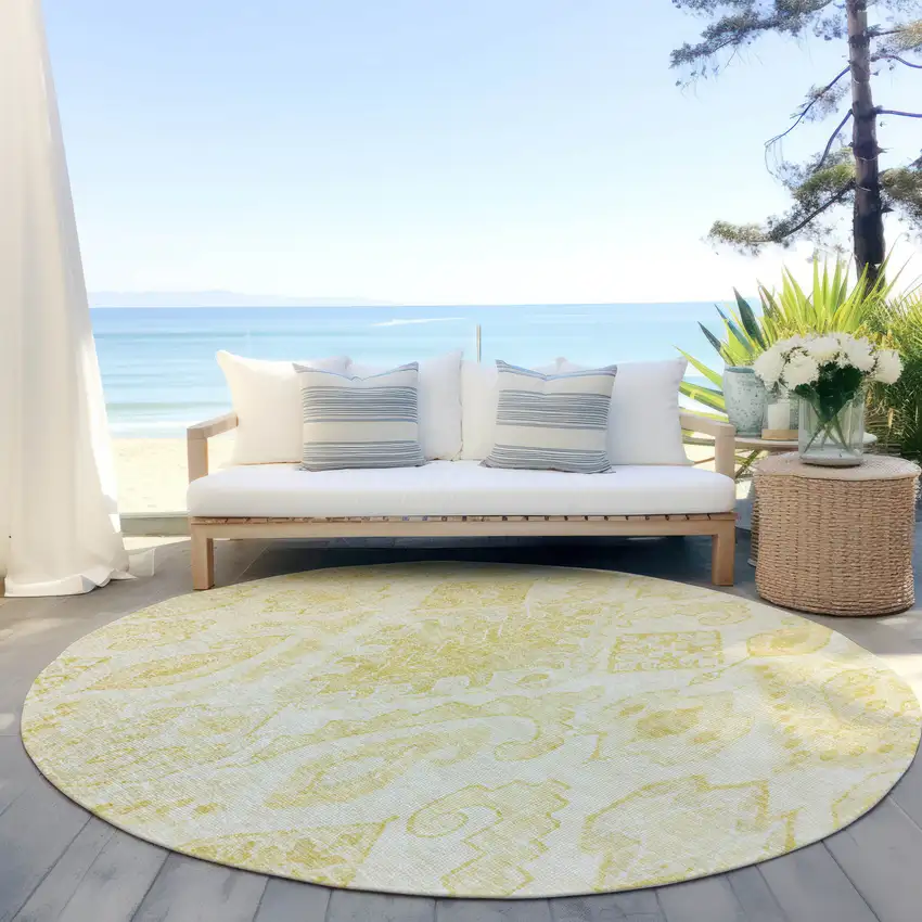 8' Gold Ivory And Beige Round Moroccan Washable Indoor Outdoor Area Rug Photo 6