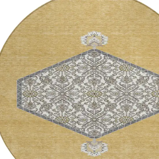 8' Gold Ivory And Beige Round Oriental Washable Indoor Outdoor Area Rug Photo 5