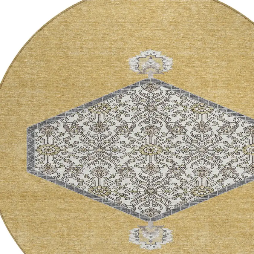 8' Gold Ivory And Beige Round Oriental Washable Indoor Outdoor Area Rug Photo 5