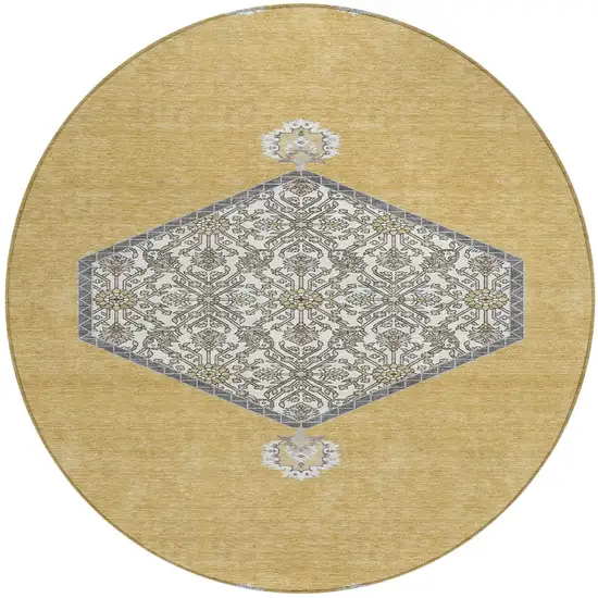 8' Gold Ivory And Beige Round Oriental Washable Indoor Outdoor Area Rug Photo 6