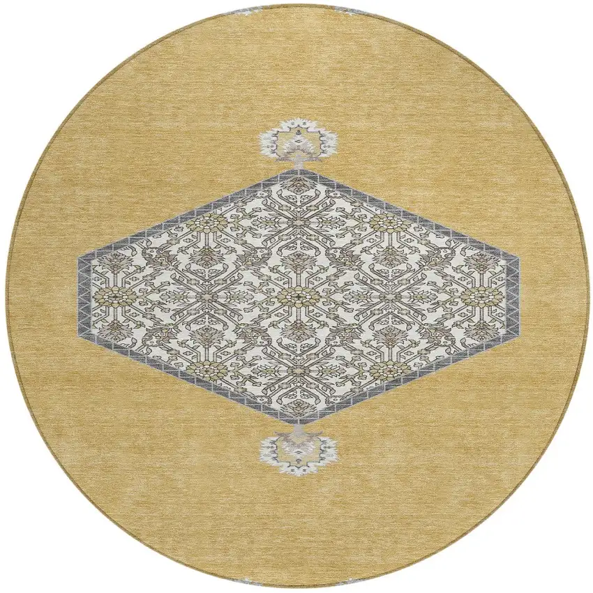 8' Gold Ivory And Beige Round Oriental Washable Indoor Outdoor Area Rug Photo 6