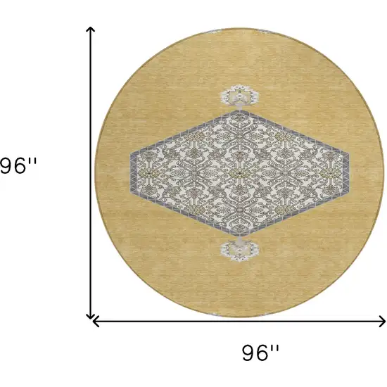 8' Gold Ivory And Beige Round Oriental Washable Indoor Outdoor Area Rug Photo 3