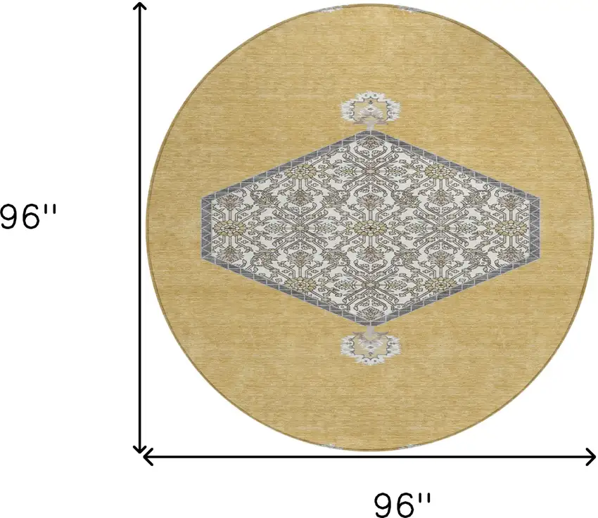 8' Gold Ivory And Beige Round Oriental Washable Indoor Outdoor Area Rug Photo 3