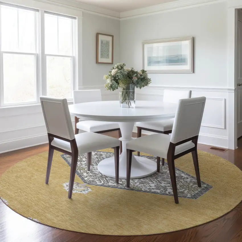 8' Gold Ivory And Beige Round Oriental Washable Indoor Outdoor Area Rug Photo 8
