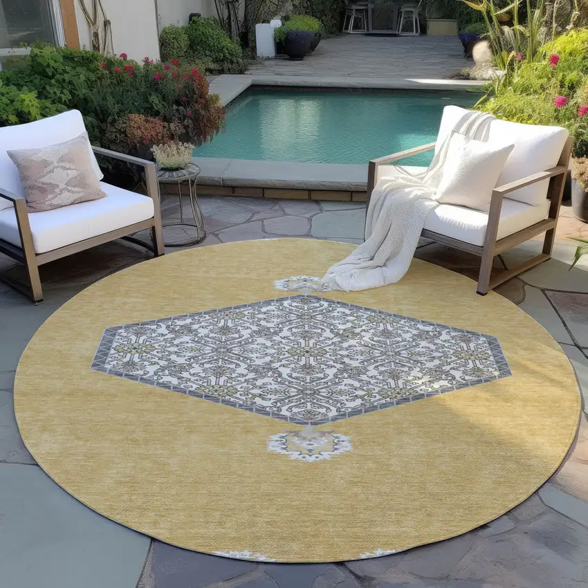 8' Gold Ivory And Beige Round Oriental Washable Indoor Outdoor Area Rug Photo 7