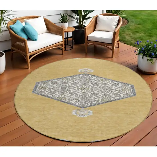 8' Gold Ivory And Beige Round Oriental Washable Indoor Outdoor Area Rug Photo 1