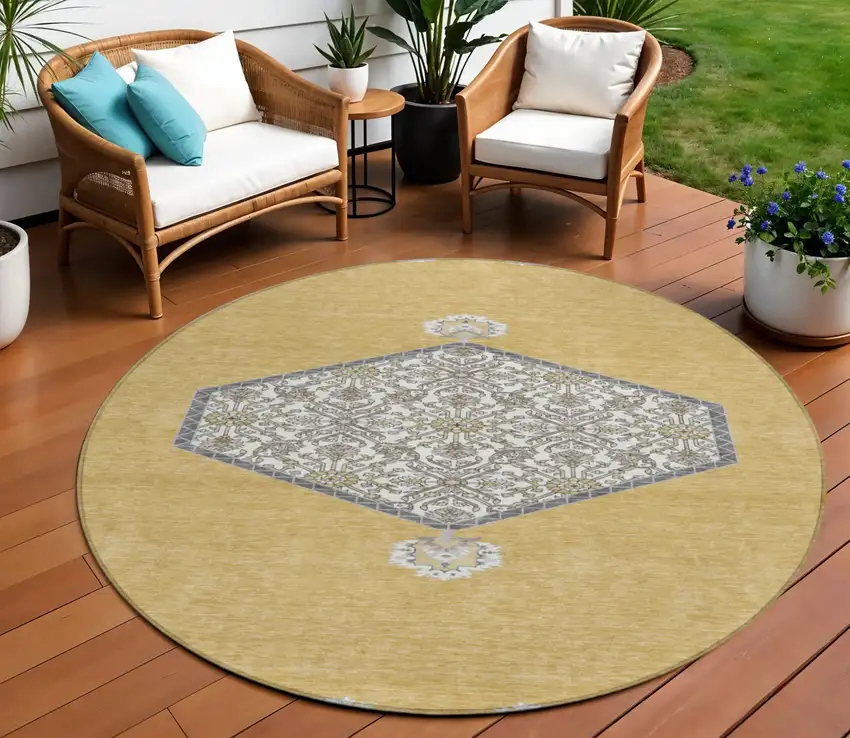 8' Gold Ivory And Beige Round Oriental Washable Indoor Outdoor Area Rug Photo 1