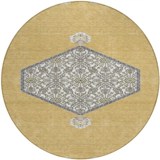 8' Gold Ivory And Beige Round Oriental Washable Indoor Outdoor Area Rug Photo 2
