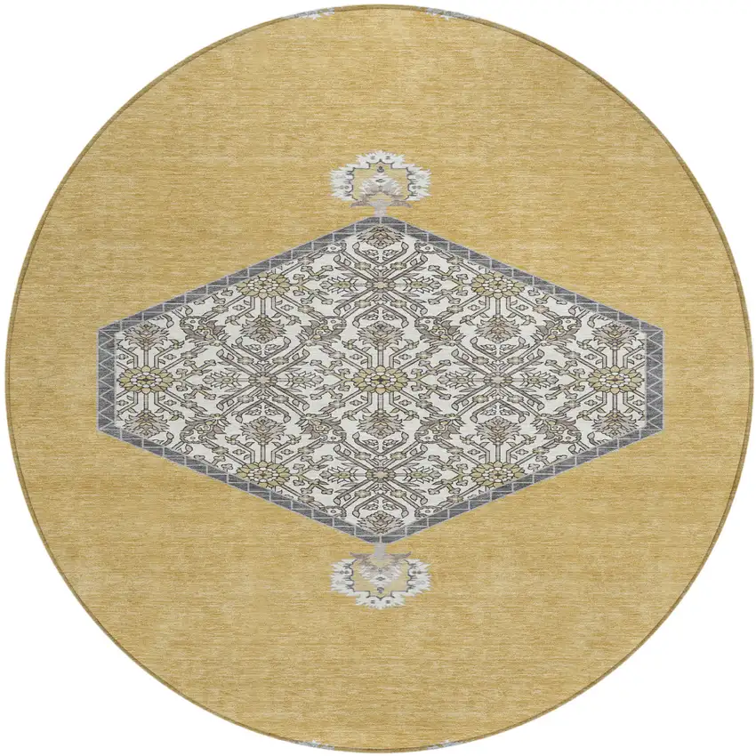 8' Gold Ivory And Beige Round Oriental Washable Indoor Outdoor Area Rug Photo 2