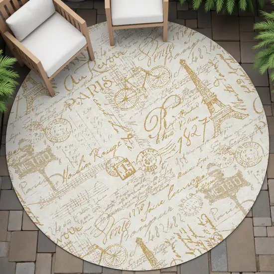 8' Gold Ivory And Beige Round Toile Washable Indoor Outdoor Area Rug Photo 7