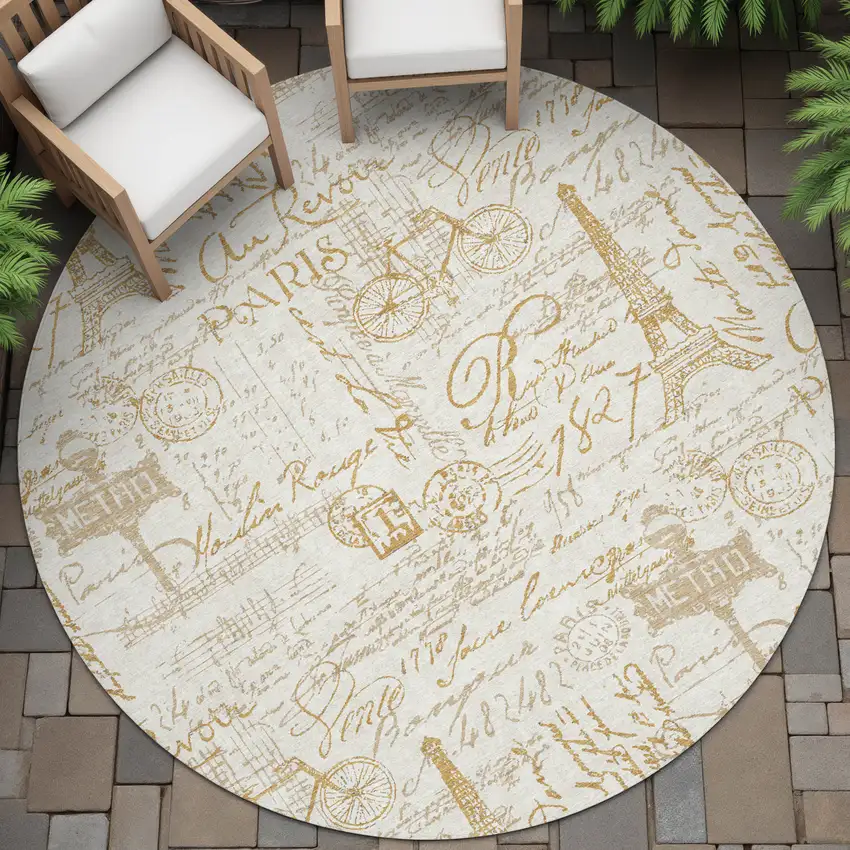8' Gold Ivory And Beige Round Toile Washable Indoor Outdoor Area Rug Photo 7