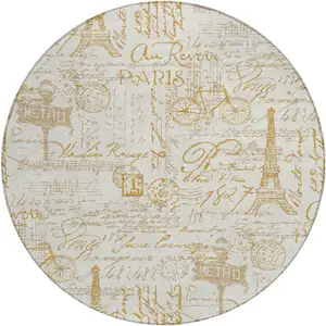 Photo of 8' Gold Ivory And Beige Round Toile Washable Indoor Outdoor Area Rug