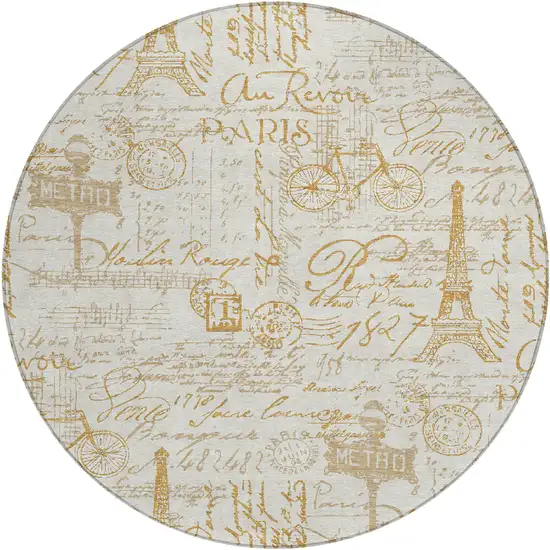 8' Gold Ivory And Beige Round Toile Washable Indoor Outdoor Area Rug Photo 1