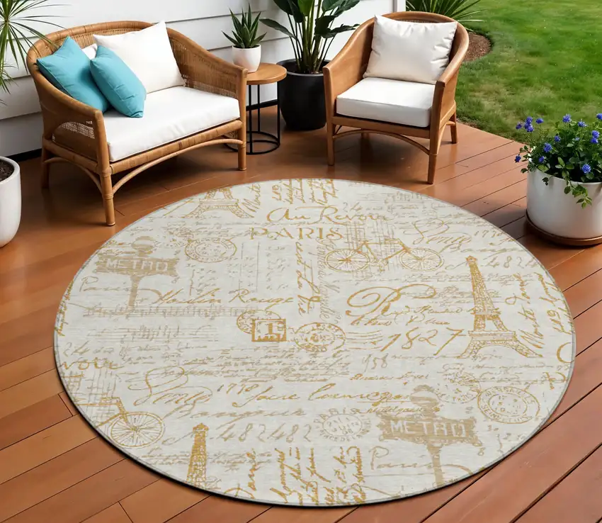 8' Gold Ivory And Beige Round Toile Washable Indoor Outdoor Area Rug Photo 2