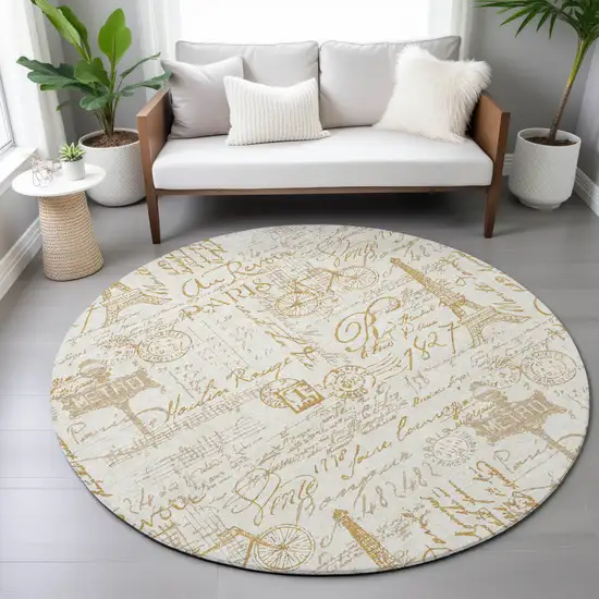 8' Gold Ivory And Beige Round Toile Washable Indoor Outdoor Area Rug Photo 8