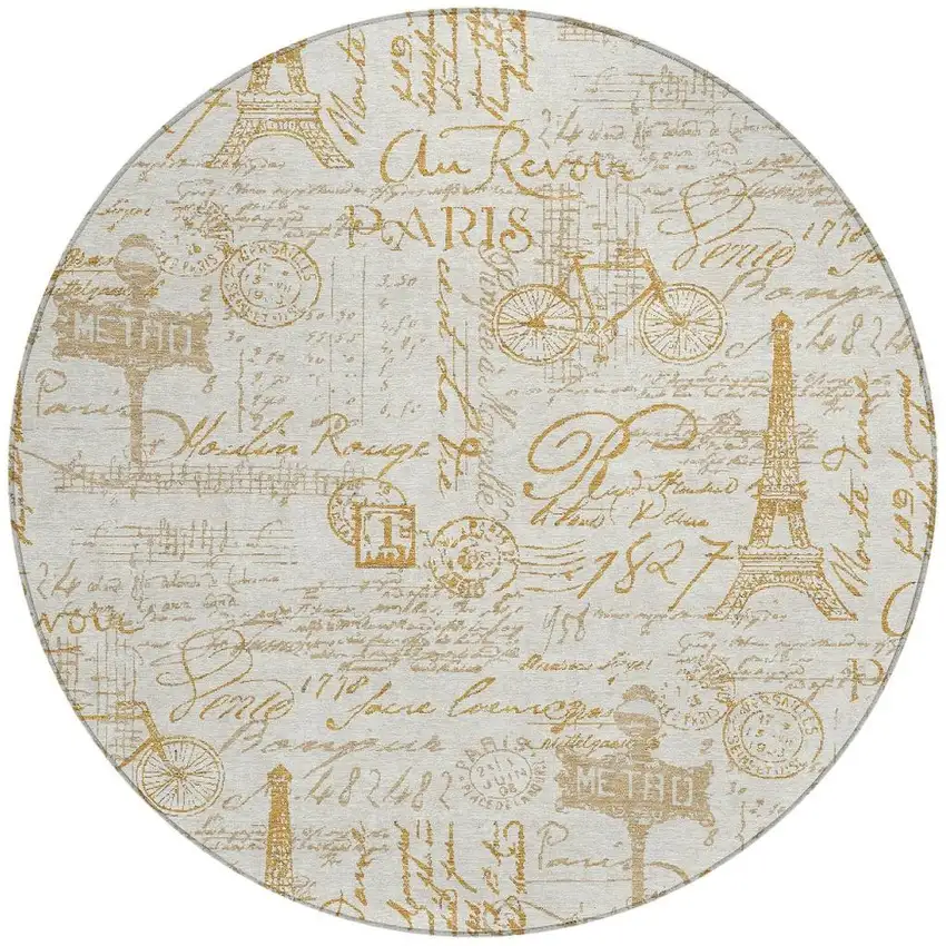 8' Gold Ivory And Beige Round Toile Washable Indoor Outdoor Area Rug Photo 4