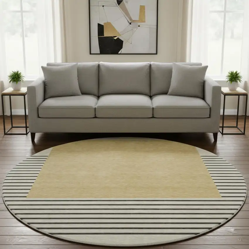 8' Gold Ivory And Black Striped Washable Round Rug With UV Protection Photo 2