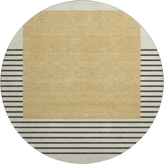 8' Gold Ivory And Black Striped Washable Round Rug With UV Protection Photo 1