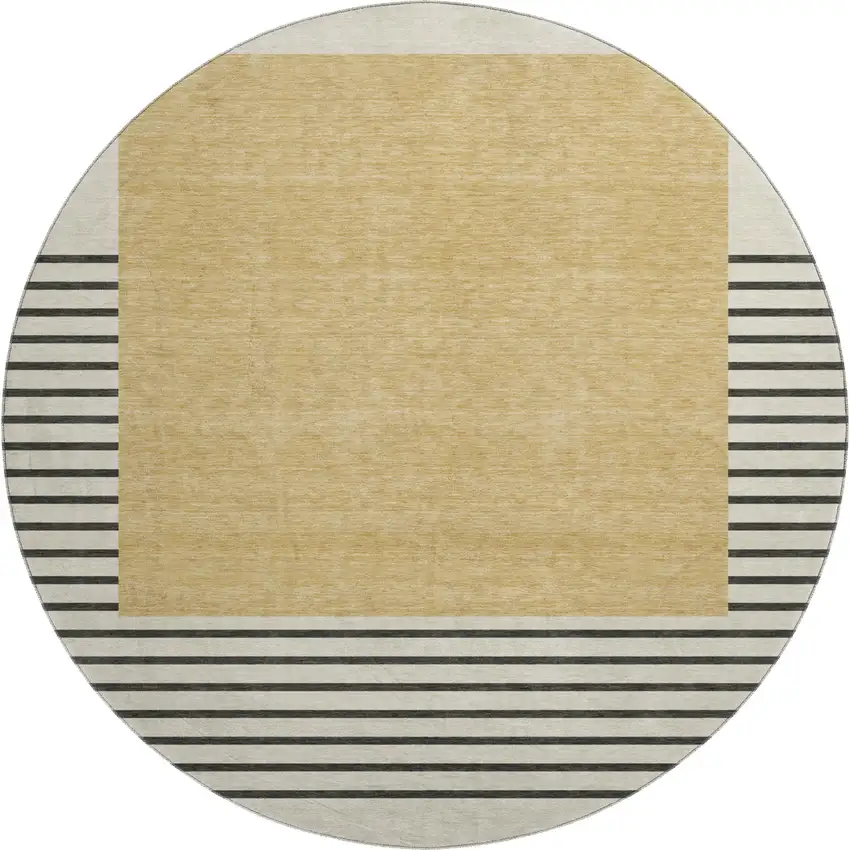 8' Gold Ivory And Black Striped Washable Round Rug With UV Protection Photo 1