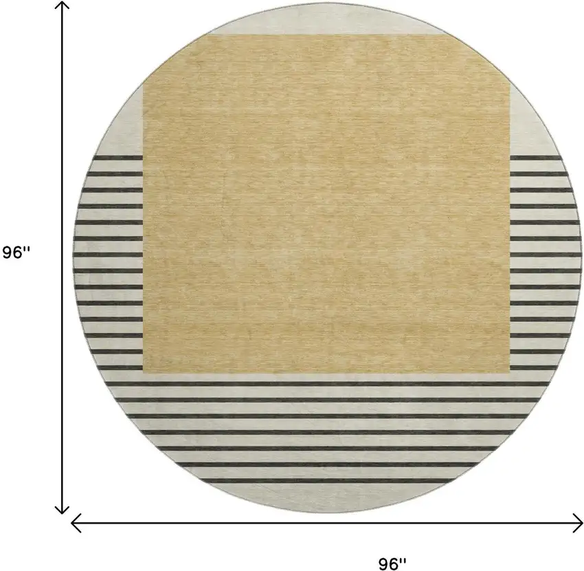 8' Gold Ivory And Black Striped Washable Round Rug With UV Protection Photo 9