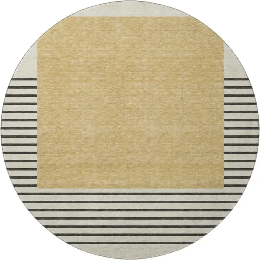 8' Gold Ivory And Black Striped Washable Round Rug With UV Protection Photo 3