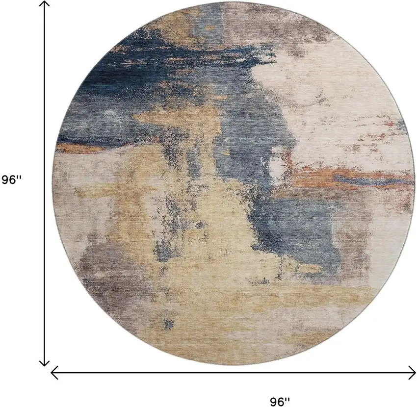 8' Gold Ivory And Blue Abstract Washable Round Rug With UV Protection Photo 9