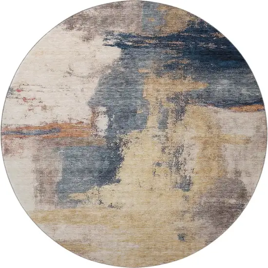 8' Gold Ivory And Blue Abstract Washable Round Rug With UV Protection Photo 3