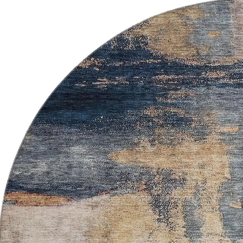 8' Gold Ivory And Blue Abstract Washable Round Rug With UV Protection Photo 2