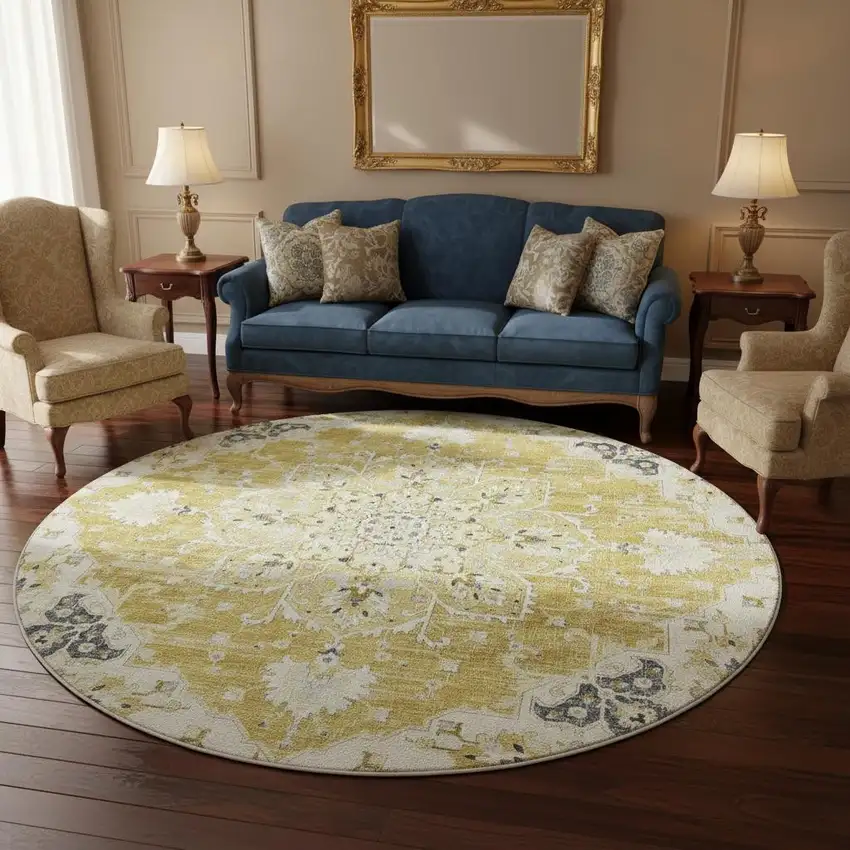 8' Gold Ivory And Blue Floral Medallion Washable Round Rug With UV Protection Photo 1