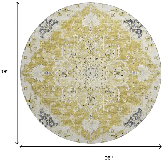 8' Gold Ivory And Blue Floral Medallion Washable Round Rug With UV Protection Photo 3