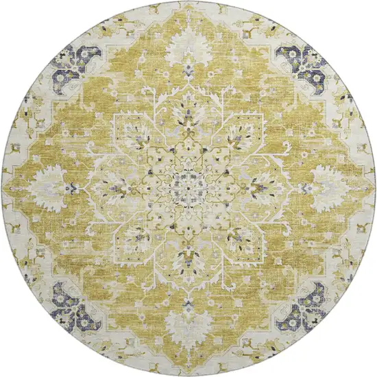 8' Gold Ivory And Blue Floral Medallion Washable Round Rug With UV Protection Photo 2