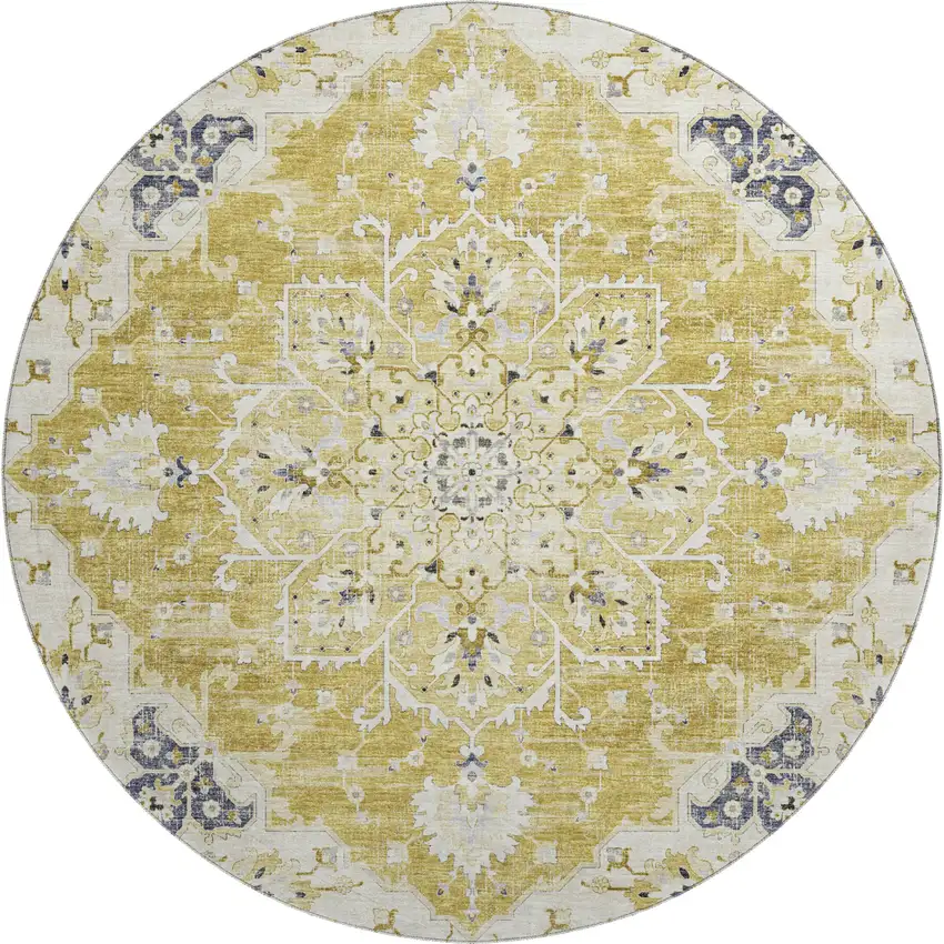 8' Gold Ivory And Blue Floral Medallion Washable Round Rug With UV Protection Photo 2