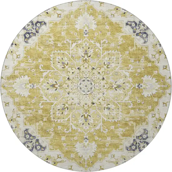 8' Gold Ivory And Blue Floral Medallion Washable Round Rug With UV Protection Photo 5