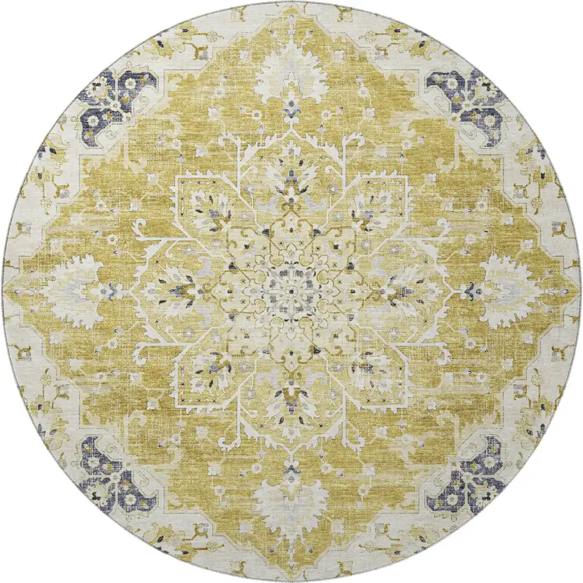 8' Gold Ivory And Blue Floral Medallion Washable Round Rug With UV Protection Photo 5