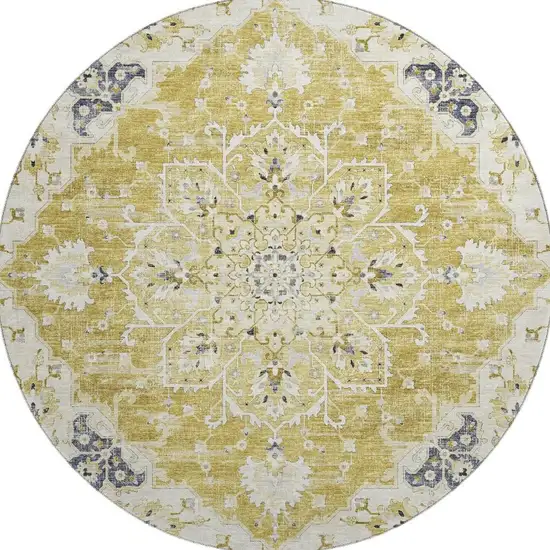 8' Gold Ivory And Blue Floral Medallion Washable Round Rug With UV Protection Photo 4